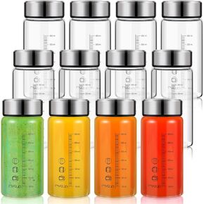 12 Pack Glass Juice Bottles Bulk 12 oz Wide Mouth Glass Water Bottles with Lids Scale Marker Leak Proof Reusable Shaker Juice Containers for Juicing Smoothies Milk Protein