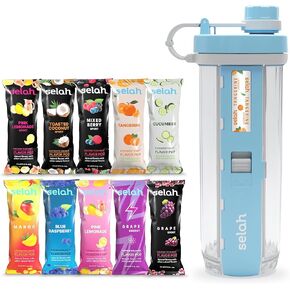 Selah Flavored Water Bottle - 20oz Water Bottle With Flavor Pods Included - Energy Drink Pods, Flavor Cartridges, Water Enhancer, and Sports Drink Pods (Blue, 10 New Flavor Pods)
