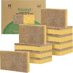 10 Pack Biodegradable Natural Sponges Kitchen - Compostable Cellulose and Coconut Walnut Scrubber Sponge - Eco Friendly Sponges for Dishes