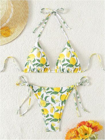 WDIRARA Women's Tropical Print Halter Bikini Set Tie Side Triangle Swimsuit Two Piece Bathing Suit in Saudi Arabia