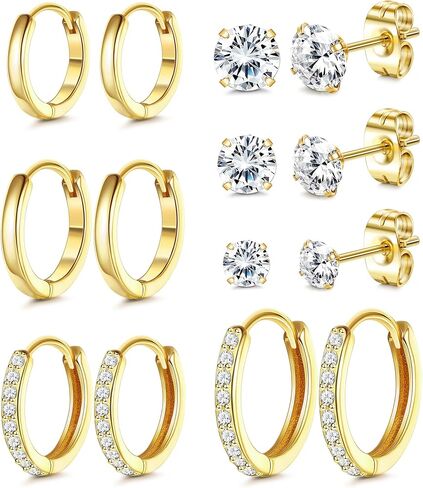 Dochais Hoop Stud Earrings for Women 7 Pairs 316L Surgical Steel Hypoallergenic Earrings Set for Multiple Piercing Non Tarnish 14k Gold Plated Cartilage Earring Silver in Kuwait