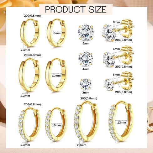 Dochais Hoop Stud Earrings for Women 7 Pairs 316L Surgical Steel Hypoallergenic Earrings Set for Multiple Piercing Non Tarnish 14k Gold Plated Cartilage Earring Silver in Kuwait
