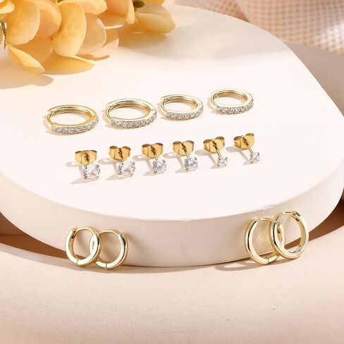 Dochais Hoop Stud Earrings for Women 7 Pairs 316L Surgical Steel Hypoallergenic Earrings Set for Multiple Piercing Non Tarnish 14k Gold Plated Cartilage Earring Silver in Kuwait