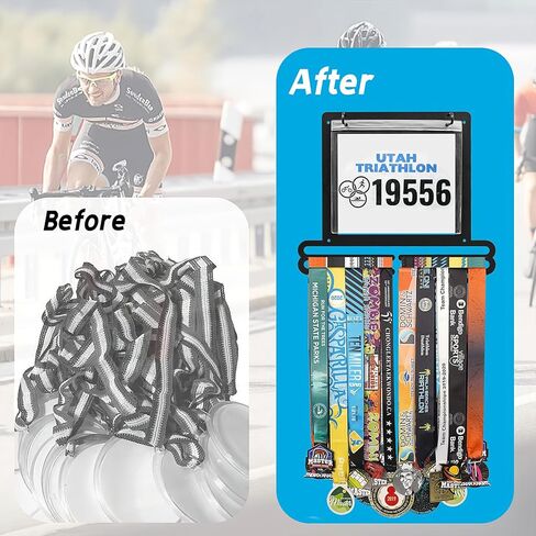 Medal Hanger Display, Stainless Steel Medal Holder Race Bib Display Stand Rack Frame for Sport Race, Hold Up 60 Medals 50 Race Bibs, Black in Kuwait