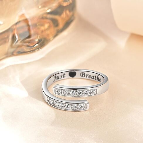 خاتم مجوهرات ملهم من الفضة الإسترليني عيار 925، خاتم Just Breathe، قابل للتعديل للنساء والرجال in Kuwait