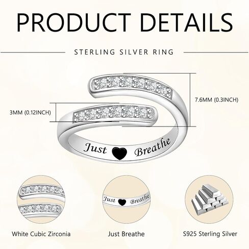 خاتم مجوهرات ملهم من الفضة الإسترليني عيار 925، خاتم Just Breathe، قابل للتعديل للنساء والرجال in Kuwait