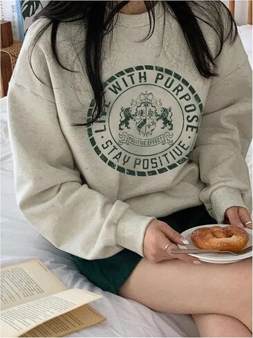 Women's Crew Neck Graphic Sweatshirt Letter Print Long Sleeve Preppy Pullover Top in Saudi Arabia