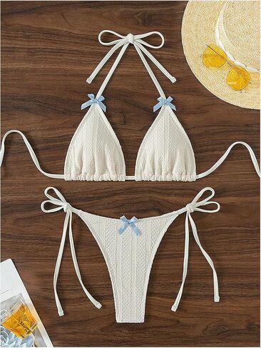 Women's 2 Piece Bikini Set Bow Decor Halter Triangle Swimsuit Cheeky String Bathing Suit in Saudi Arabia