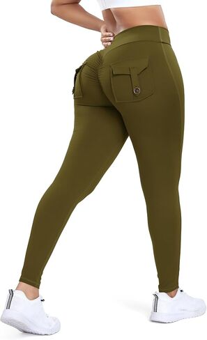 Women Butt Lifting Workout Cargo Leggings Scrunch Booty Tummy Control Yoga Pants with Flap Pockets in Saudi Arabia