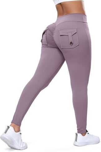 Women Butt Lifting Workout Cargo Leggings Scrunch Booty Tummy Control Yoga Pants with Flap Pockets in Saudi Arabia