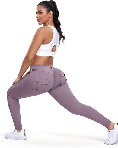 Women Butt Lifting Workout Cargo Leggings Scrunch Booty Tummy Control Yoga Pants with Flap Pockets in Saudi Arabia