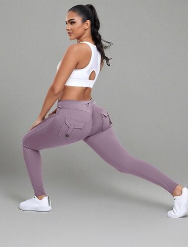 Women Butt Lifting Workout Cargo Leggings Scrunch Booty Tummy Control Yoga Pants with Flap Pockets in Saudi Arabia
