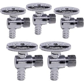 Midline Valve 81512QS-OM-5 Water Supply Stop Valve with Quarter Turn Wheel; Angle Shut-off for Toilet, Sink, Dishwasher; 1/2'' PEX x 3/8'' Compression; Chrome Plated Brass (5 PK)