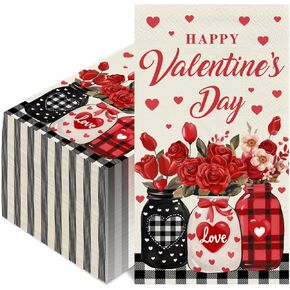 50 Pcs Happy Valentines Day Napkins Red Hearts Rose Flower Disposable Dinner Napkins 2 Ply Decorative Paper Hand Towels for Bathroom Kitchen Anniversary Valentine Party Supplies