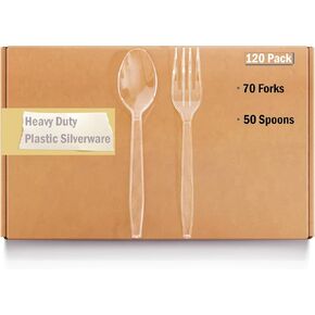 120 Count Plastic Silverware, Heavy Duty Plastic Forks and Spoons Set, Disposable Utensils Cutlery for Parties, Wedding, Picnics and Daily Use, Includes 70 Plastic Forks and 50 Plastic Spoons (Clear)
