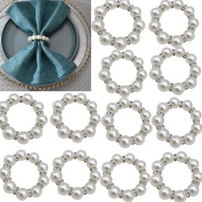 Pearl Napkin Rings Set of 12, Round Rhinestone Napkin Holder Buckles ，Valentine's Day Christmas Napkin Rings, for Wedding, Banquet, Party, Easter Dinner Table Decor