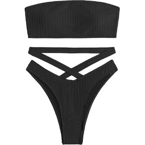 SHENHE Women's Strapless High Cut 2 Piece Bikini Set Criss Cross Rib Knit Bandeau Swimsuit