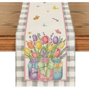 Artoid Mode Buffalo Plaid Vase Lavender Tulip Spring Table Runner, Seasonal Kitchen Dining Table Decoration for Home Party Decor 13x72 Inch