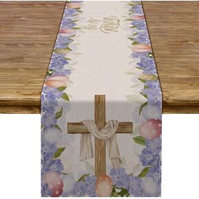 Rainlemon Linen He is Risen Table Runner Easter Egg Spring Jesus Ressurrection Cross Home Kitchen Dining Room Decoration (13" x 72")