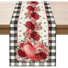 Valentines Day Plaid Romantic Roses Love Hearts Eucalyptus Leaves Cloth Table Runner Burlap Table Decoration for Home Kitchen Dining Dinner Indoor Holiday Farmhouse Decor 13x72 Inch