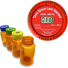 TimerCap Automatically Displays Time Since Last Opened - Built-in Stopwatch Smart Pill Bottle Cap Medication Reminder Case (Qty 4-4.0 oz Amber Bottles) CRC