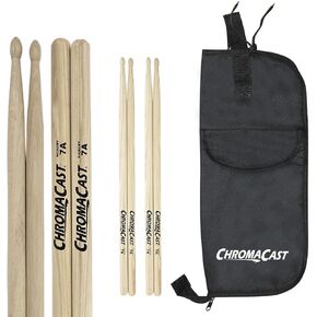 ChromaCast 7A USA Natural Hickory Drumsticks, 3 Pairs with Drumstick Bag