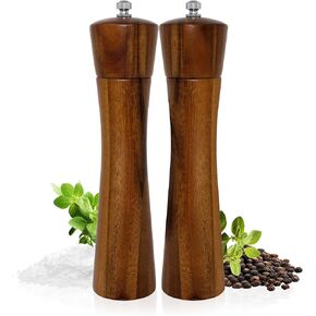 Acacia Wood Pepper and Salt Mill Grinder Set with Adjustable Ceramic Mechanism for Fine, Medium and Coarse Grinding (2 Pack)