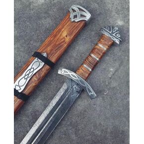 Viking Sword, 101.6 cm, 1095 Damascus Steel Full-Tang, Wood Scabbard, Blood-Grooves, Battlefield Collection