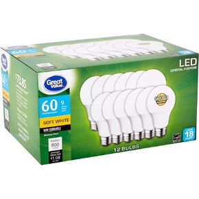 Great Value LED 9 Watts Soft White Medium Base Bulbs, 12 Count