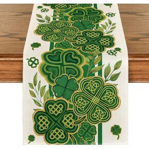 Artoid Mode Leaves Clover Shamrocks Stripes St. Patrick's Day Table Runner, Holiday Kitchen Dining Table Decoration for Home Party Decor 13x72 Inch