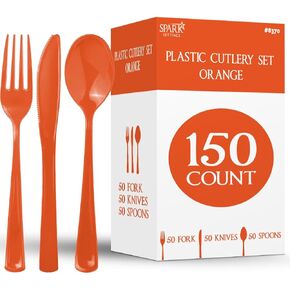 150 Pack Plastic Silverware Heavy Duty, Orange Disposable Cutlery, 50 Spoons, 50 Forks, 50 Knives, Plastic Utensils Set for Home Office School Party Picnics Weddings & More - SparkSettings