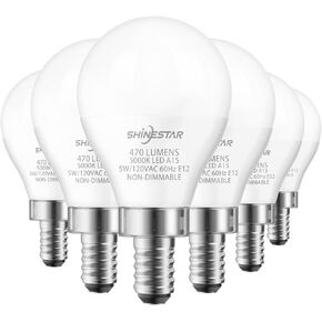 SHINESTAR 6-Pack Ceiling Fan Light Bulbs with E12 Small Base, 40W Equivalent, 5000K Daylight White, A15 Shape LED Candelabra Bulb, Non-Dimmable