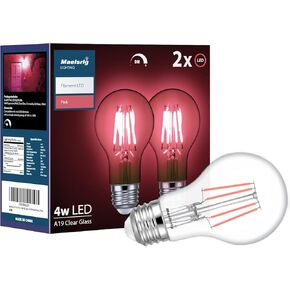 Pink Light Bulb, 4 Watts, A19 Colored LED Filament Bulbs, Clear Glass, 120 Volts, Dimmable, E26 Base, 2-Pack