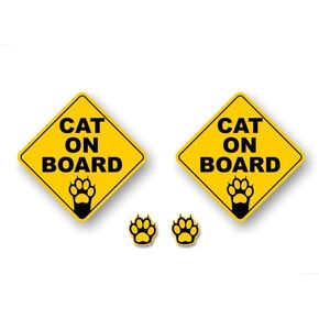 (2) 7" CAT on Board and 2 Paw Print 2'' Decals Cats Paws Onboard Yellow Diamond Car Sticker Safety Sign Vehicle Minivan SUV Vinyl Stickers ((2) 7"x 7")