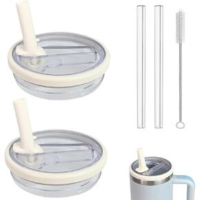 2 Pack 40 OZ Tumbler Flip Straw Lid for Stanley Cup Lid Replacement,Tumbler Leak Proof Lid for Stanley 40 OZ Tumbler Cup Cover Spill Proof Lid with 40 OZ Stanley Cup Accessories(Beige)