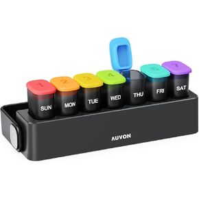 AUVON Moisture-Proof Weekly Pill Organizer with Locking Design, Sleek Pill Box 7 Day Easy to Use, Black Pill Case for Privacy Protection, Pill Holder for Medications, Vitamins, Fish Oils, Supplements