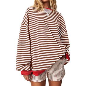 Fisoew Women's Oversized Striped Sweatshirt Color Block Crew Neck Long Sleeve Shirt Loose Casual Pullover Tops Y2K Clothes