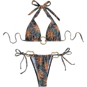 WDIRARA Women's Boho Bikini Set Halter String Swimsuit Tie Side 2 Piece Bathing Suits