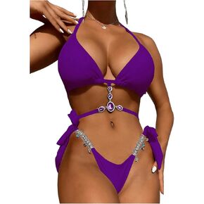 OYOANGLE Women's Rhinestone Sparkly Triangle Halter Bikini Set High Cut Cheeky Bathing Suits Resort Wear