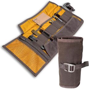 Art & Electronic Organizer | EDC Roll-Up Tool Bag for Pen Lovers & Tech | Multi-Pocket with Elastic Loops for Pens, Cables, External Hard Drives | Stylish Waxed Canvas & Durable Aluminum Hooks