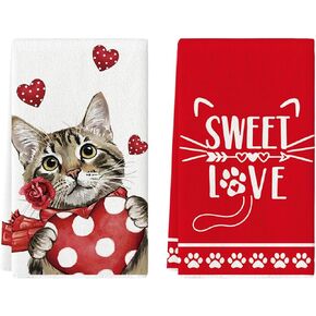 Artoid Mode Red Cat Heart Scarf Sweet Love Valentine's Day Kitchen Towels Dish Towels, 18x26 Inch Anniversary Wedding Decoration Hand Towels Set of 2
