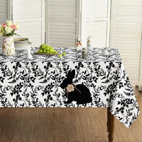 Horaldaily Easter Tablecloth 60×84 Inch Rectangular, Black Grass Easter Flowers Bunny Washable Seasonal Table Cover for Party Picnic Dinner Decor