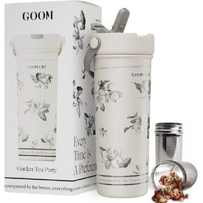 GOOM 20 oz Spill Proof Tumbler with Lid and Straw, Top Handle, Extended Tea Infuser, 6-Layer Insulation 18/10 Stainless Steel, Christmas Gifts for Mom Women Her, Teacher Gifts - Floral White