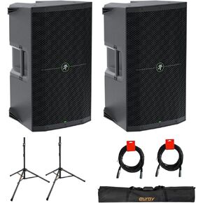 Mackie Thump212 1400W 12" Powered PA Loudspeaker System (Pair) Bundle with Auray SS-47S-PB Steel Speaker Stands, Carrying Case, and 2X 20 XLR-XLR Cable