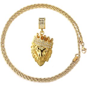 Halukakah Gold Chain for Men Necklace 18k Real Gold Plated Fully Iced Out Crown Lion Pendant Lab Diamonds Prong Set with Sharktail Chain 30",Designed Goldfoil Giftbox