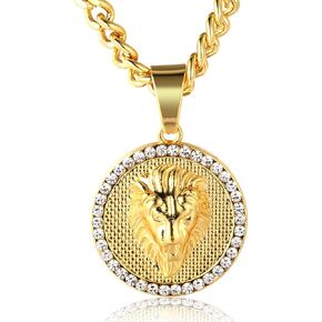 Halukakah Gold Chain for Men Necklace 18k Real Gold Plated Fully Iced Out Crown Lion Pendant Lab Diamonds Prong Set with Sharktail Chain 30",Designed Goldfoil Giftbox