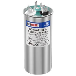 60+5uF ±5% 60/5 MFD 370/440/450V AC 50/60Hz CBB65 Capacitor Dual Run Start Round Capacitor for AC Motor/AC Unit Fan Motor Start/Pool Pump/Heat Pump Air Conditioner