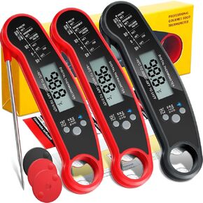 3 Pcs Digital Meat Thermometer with Probe Waterproof Fast Read Food Thermometer Kitchen Grilling Cooking Thermometer with Backlight Magnet and Calibration for Baking BBQ Outdoor, Red and Black