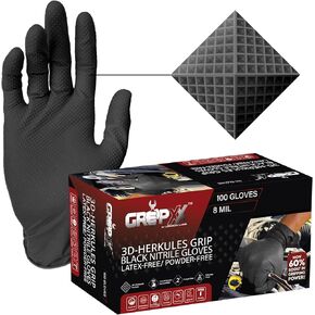 Herkules Grip Heavy Duty 8Mil Black Nitrile Gloves,3D Raised Diamond Texture-Latex & Powder-Free Industrial, Mechanic
