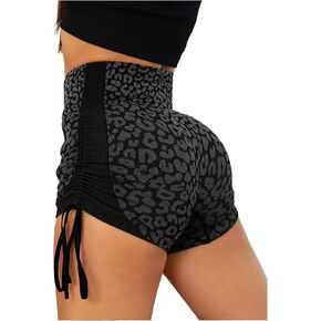 OYOANGLE Women's Leopard Print High Waisted Biker Shorts Drawstring Side Ruched Workout Booty Shorts